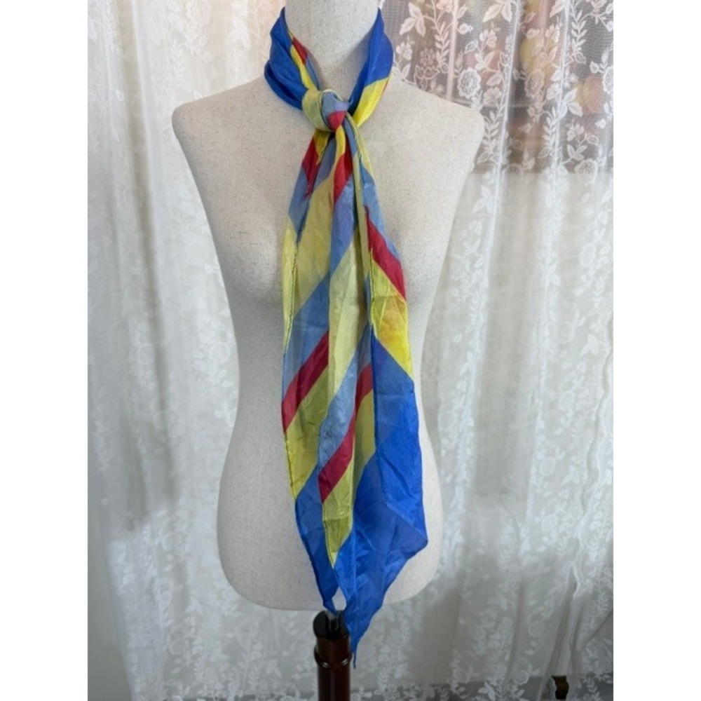 Vintage Silk Scarf Blue Yellow Red Diagonal Stripe Lightweight Accessory